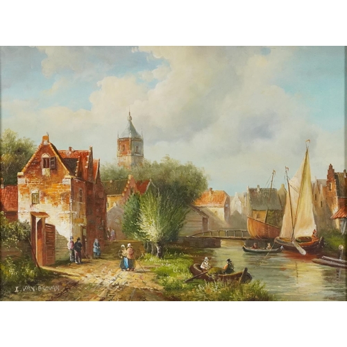 554 - I Van Brough - Figures beside a canal, contemporary Dutch school oil on panel, certificates verso, m... 