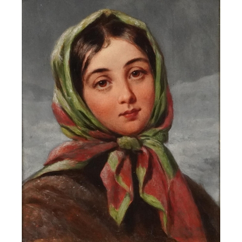 596 - Portrait of a young female peasant, 19th century Italian school oil on board, Mill'd Board George Ro... 