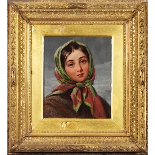 596 - Portrait of a young female peasant, 19th century Italian school oil on board, Mill'd Board George Ro... 