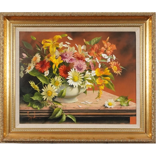 254 - Mary Dipnall - Still life flowers, contemporary oil on canvas, mounted and framed, 49cm x 39cm exclu... 