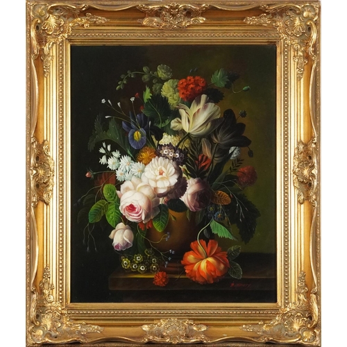 252 - N Kinsky - Still life flowers in a vase, Old Master style oil on wood panel, mounted and framed, 49.... 