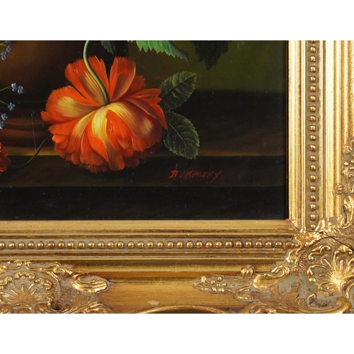 252 - N Kinsky - Still life flowers in a vase, Old Master style oil on wood panel, mounted and framed, 49.... 