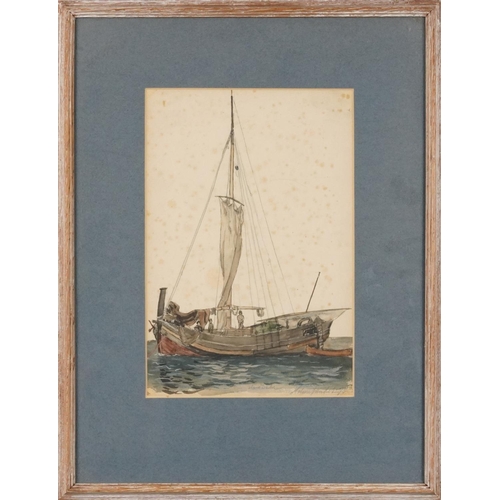 448 - Hans Dahl 1873 - Fishing boat, late 19th century Norwegian school pencil and watercolour, mounted, f... 