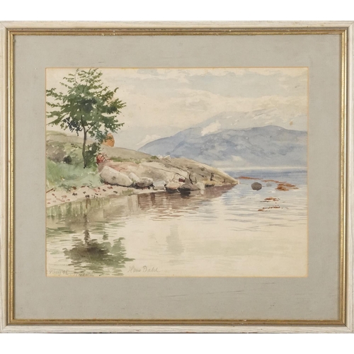 450 - Hans Dahl 1892 - Lake scene, late 19th century Norwegian school watercolour, mounted, framed and gla... 