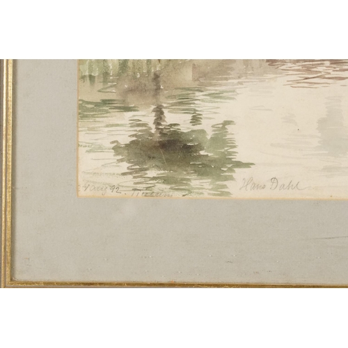 450 - Hans Dahl 1892 - Lake scene, late 19th century Norwegian school watercolour, mounted, framed and gla... 