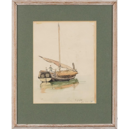 449 - Attributed to Hans Dahl - Fishing boat, early 20th century Norwegian school pencil and watercolour, ... 