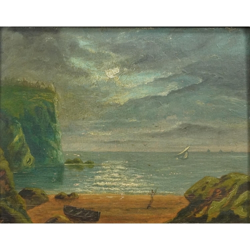 1411 - Moonlit coastal cove, early 20th century oil on board, mounted and framed, 33.5cm x 26.5cm excluding... 