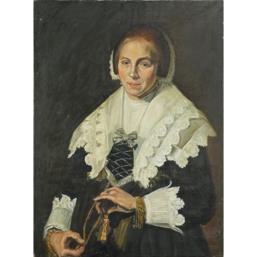 231 - After Frans Hals - Portrait of a woman with a fan, Dutch Old Master style oil on canvas, unframed, 8... 