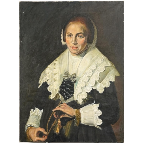 231 - After Frans Hals - Portrait of a woman with a fan, Dutch Old Master style oil on canvas, unframed, 8... 