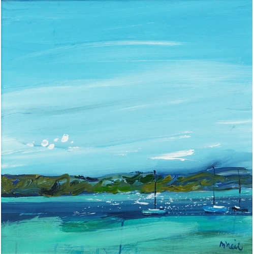 352 - Don McNeil 2010 - Three yards moored of Gigha, contemporary Scottish school oil on canvas, inscribed... 