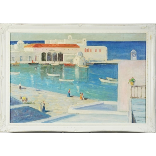 788 - After Henry Bishop - North African harbour, Modern British oil on board, inscribed verso, framed, 74... 