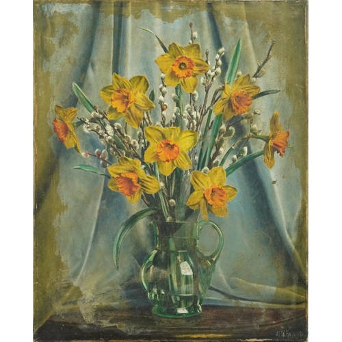 1464 - Alfred Frederick William Hayward - Daffodils and pussy-willow in a jug, Canadian school oil on canva... 