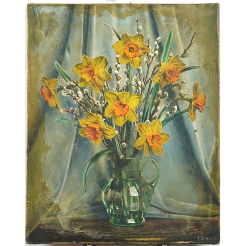 1464 - Alfred Frederick William Hayward - Daffodils and pussy-willow in a jug, Canadian school oil on canva... 