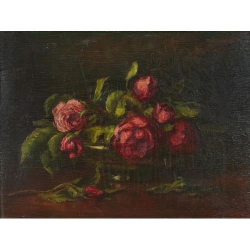 1247 - Still life roses in a bowl, oil on wood panel, indistinctly inscribed verso, framed, 39cm x 29.5cm e... 