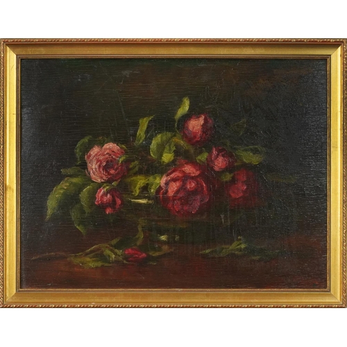 1247 - Still life roses in a bowl, oil on wood panel, indistinctly inscribed verso, framed, 39cm x 29.5cm e... 