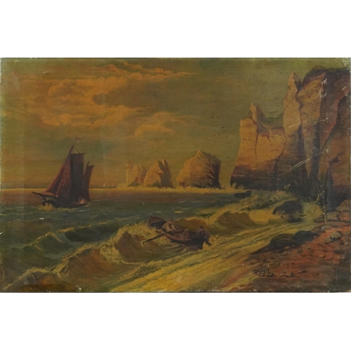 136 - The Needles, Isle of Wight with fishermen, 19th century English school oil on canvas, unframed, 61cm... 