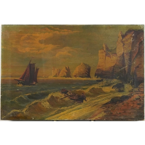 136 - The Needles, Isle of Wight with fishermen, 19th century English school oil on canvas, unframed, 61cm... 