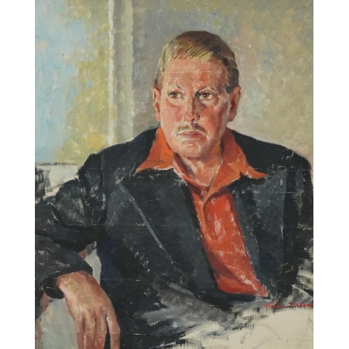 329 - Terence John McCaw - Portrait of a seated gentleman, South African school oil on canvas, framed, 69c... 