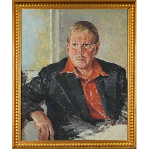 329 - Terence John McCaw - Portrait of a seated gentleman, South African school oil on canvas, framed, 69c... 