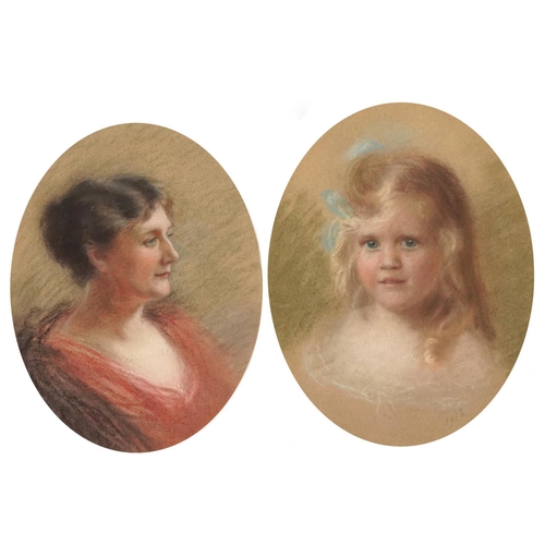 403 - Top half portraits of a mother and daughter, pair of early 20th century oval pastels, one signed wit... 