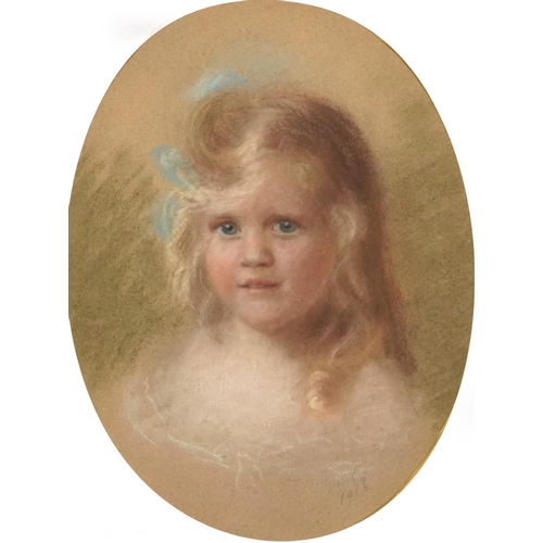 403 - Top half portraits of a mother and daughter, pair of early 20th century oval pastels, one signed wit... 