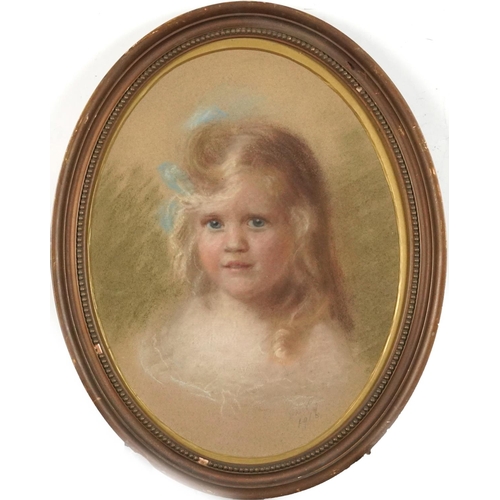 403 - Top half portraits of a mother and daughter, pair of early 20th century oval pastels, one signed wit... 