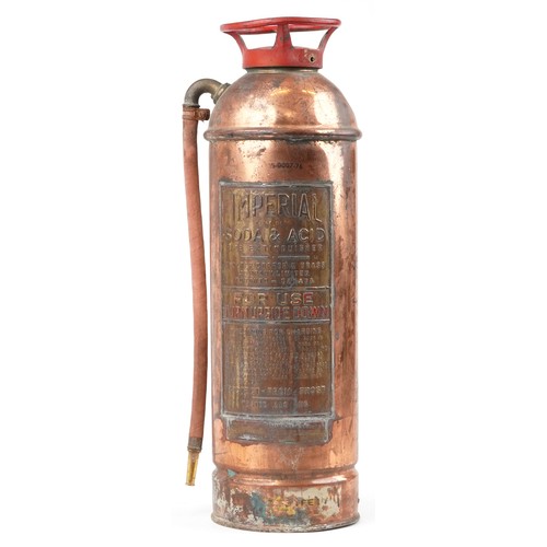 1473 - Vintage Canadian Imperial soda and acid copper fire extinguisher with brass plaques, 60.5cm high