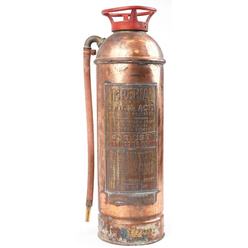 1473 - Vintage Canadian Imperial soda and acid copper fire extinguisher with brass plaques, 60.5cm high