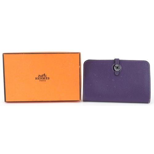 1652 - Hermes, French purple leather clutch purse with cardholder, dust bag and box, the clutch bag 19.5cm ... 