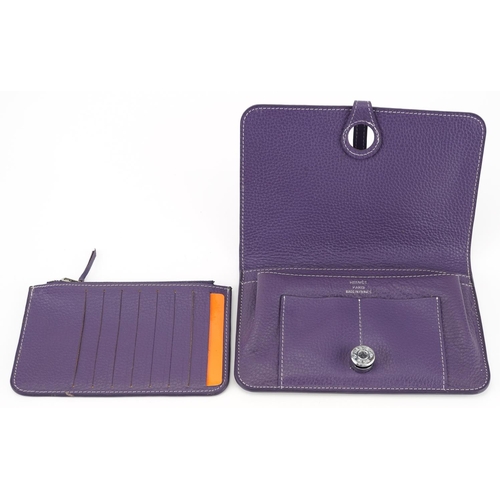 1652 - Hermes, French purple leather clutch purse with cardholder, dust bag and box, the clutch bag 19.5cm ... 