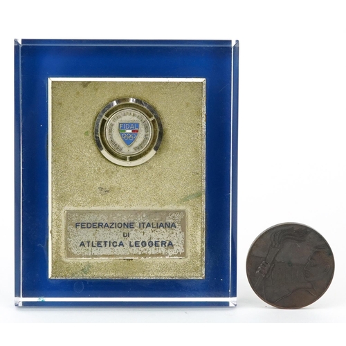 1720 - Sporting interest 1960 Olympic bronze medallion and a Italian Athletics Federation desk paperweight,... 