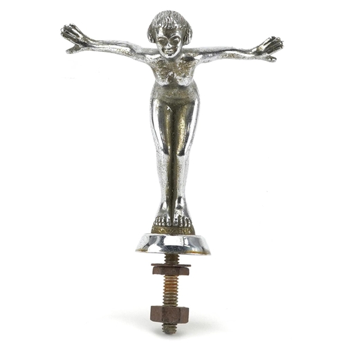 285 - Art Deco automobilia interest chrome plated car mascot in the form of nude female, 12cm high