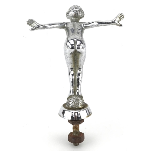 285 - Art Deco automobilia interest chrome plated car mascot in the form of nude female, 12cm high