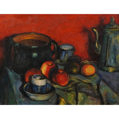 1509 - Still life, vessels and fruit, Camden Town school oil on board, mounted and framed, 45cm x 35cm excl... 