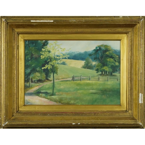 1716 - Path through woodland, Impressionist oil on board, mounted and framed, 45cm x 29cm excluding the mou... 