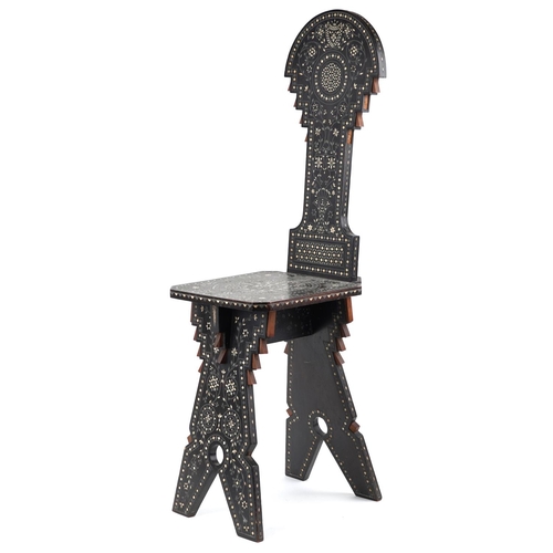 1090 - 19th century Northern Italy hardwood chair with metal and bone foliate inlay, 101cm high