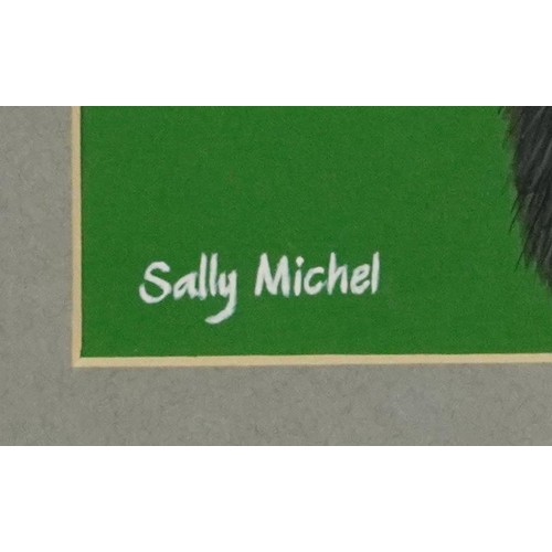 672 - Sally Michel - Black and white ruffled lemur, signed gouache, At the Mall Gallery label verso, mount... 