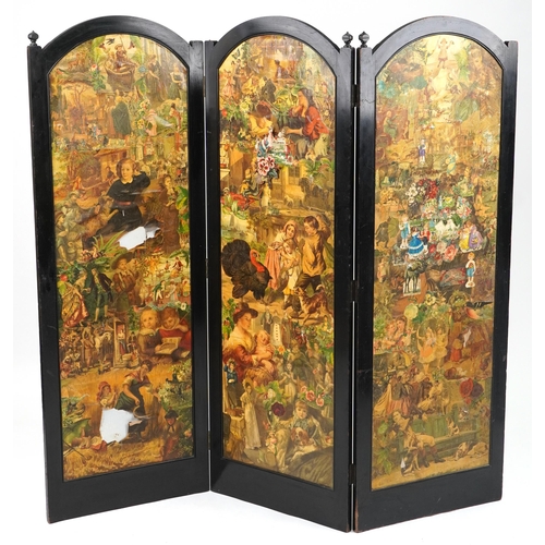 1197 - Victorian ebonised three fold decoupage screen, 152cm high x 161cm wide