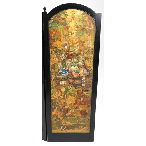 1197 - Victorian ebonised three fold decoupage screen, 152cm high x 161cm wide