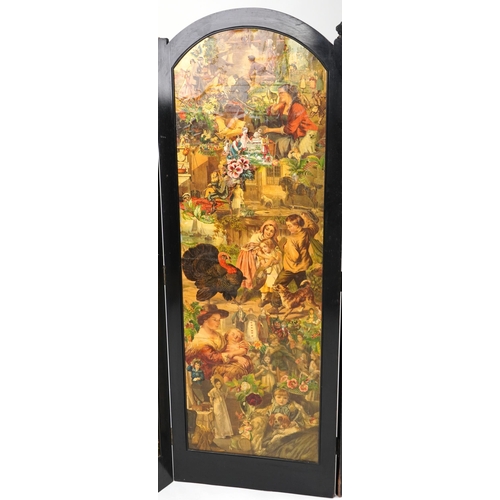 1197 - Victorian ebonised three fold decoupage screen, 152cm high x 161cm wide