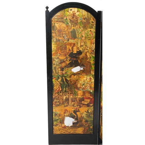 1197 - Victorian ebonised three fold decoupage screen, 152cm high x 161cm wide