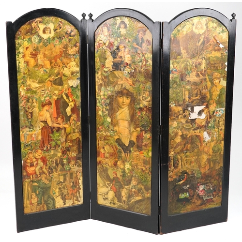 1197 - Victorian ebonised three fold decoupage screen, 152cm high x 161cm wide