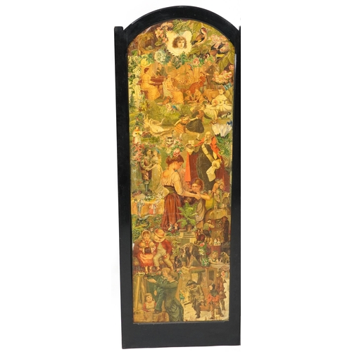 1197 - Victorian ebonised three fold decoupage screen, 152cm high x 161cm wide