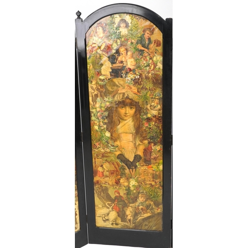 1197 - Victorian ebonised three fold decoupage screen, 152cm high x 161cm wide