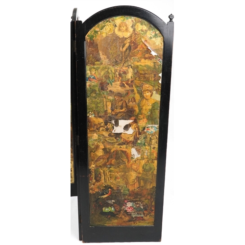 1197 - Victorian ebonised three fold decoupage screen, 152cm high x 161cm wide