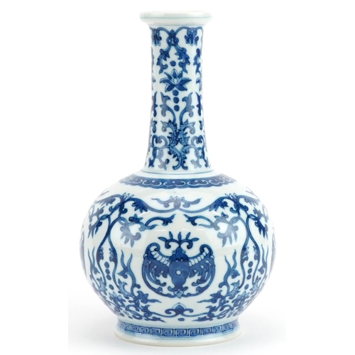 184 - Chinese blue and white porcelain vase hand painted with stylised bats amongst scrolling foliage, six... 