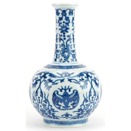 184 - Chinese blue and white porcelain vase hand painted with stylised bats amongst scrolling foliage, six... 