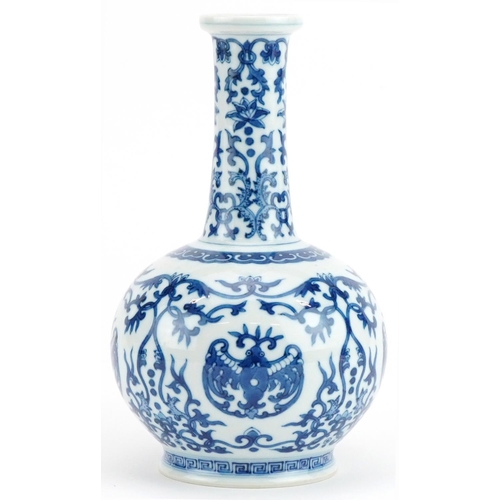 184 - Chinese blue and white porcelain vase hand painted with stylised bats amongst scrolling foliage, six... 