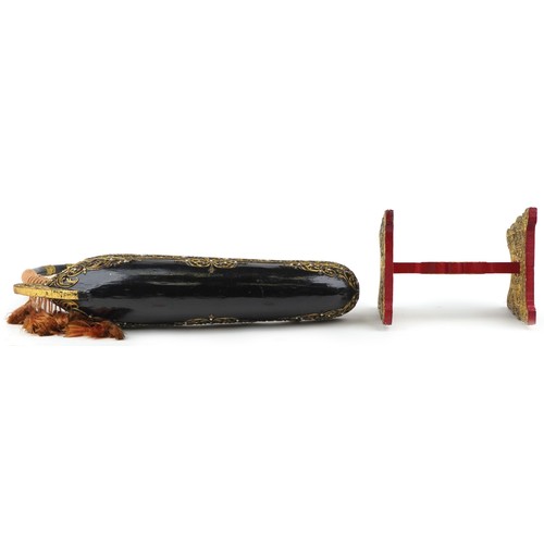 1455 - Large Burmese black and red lacquered Saung-gauk harp on stand, each gilt decorated in low relief wi... 