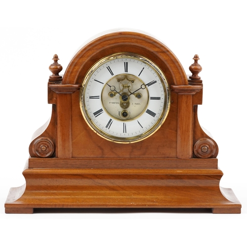 590 - 19th century French walnut and ebonised mantle clock with visible Brocot escapement having circular ... 